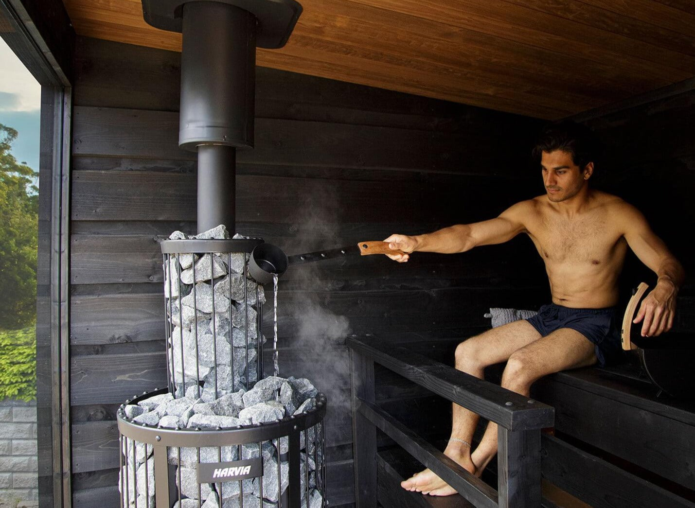 sauna exterieur luxe, sauna Harvia Nordic Misty Kirami FinVision , achat sauna 4 place, sauna 6 place, SHL3499, SHL3410