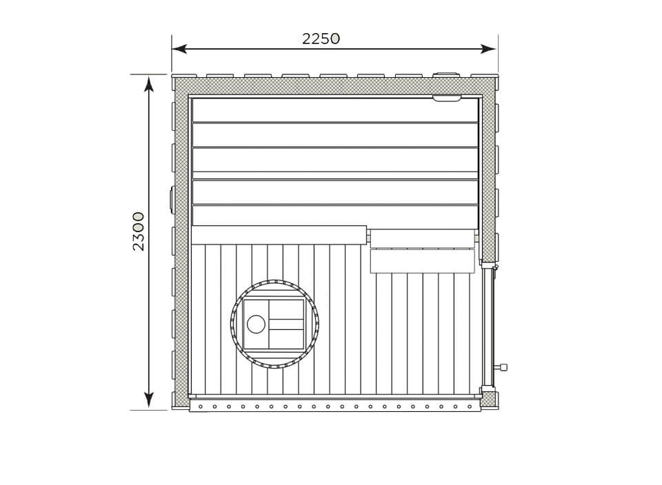 sauna exterieur luxe, sauna Harvia Nordic Misty Kirami FinVision , achat sauna 4 place, sauna 6 place, SHL3499, SHL3410, plan