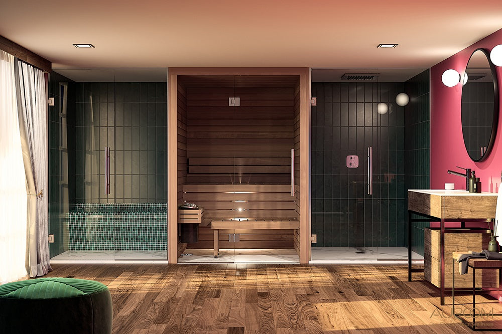 sauna interieur traditionnel luxe, sauna cabine Auroom Cala Glass, acheter sauna de luxe, sauna 2 place