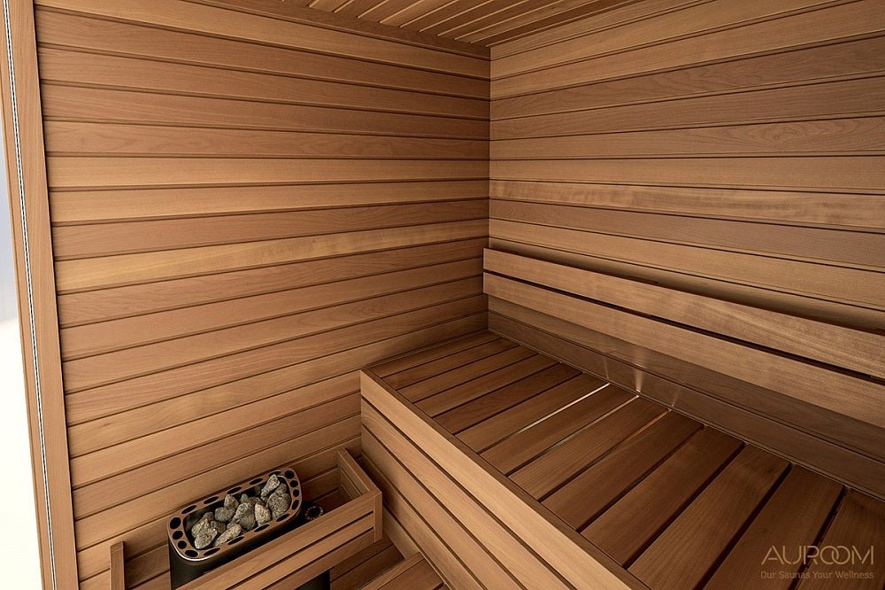 sauna interieur traditionnel luxe, sauna cabine Auroom Cala Glass, acheter sauna de luxe, sauna 2 place