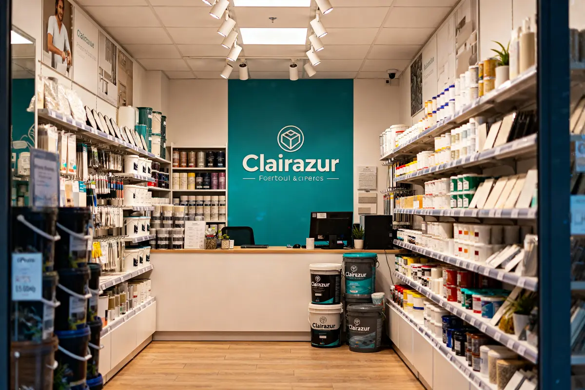 Magasin Clairazur avec étagères de peintures et accessoires, comptoir central à l'intérieur