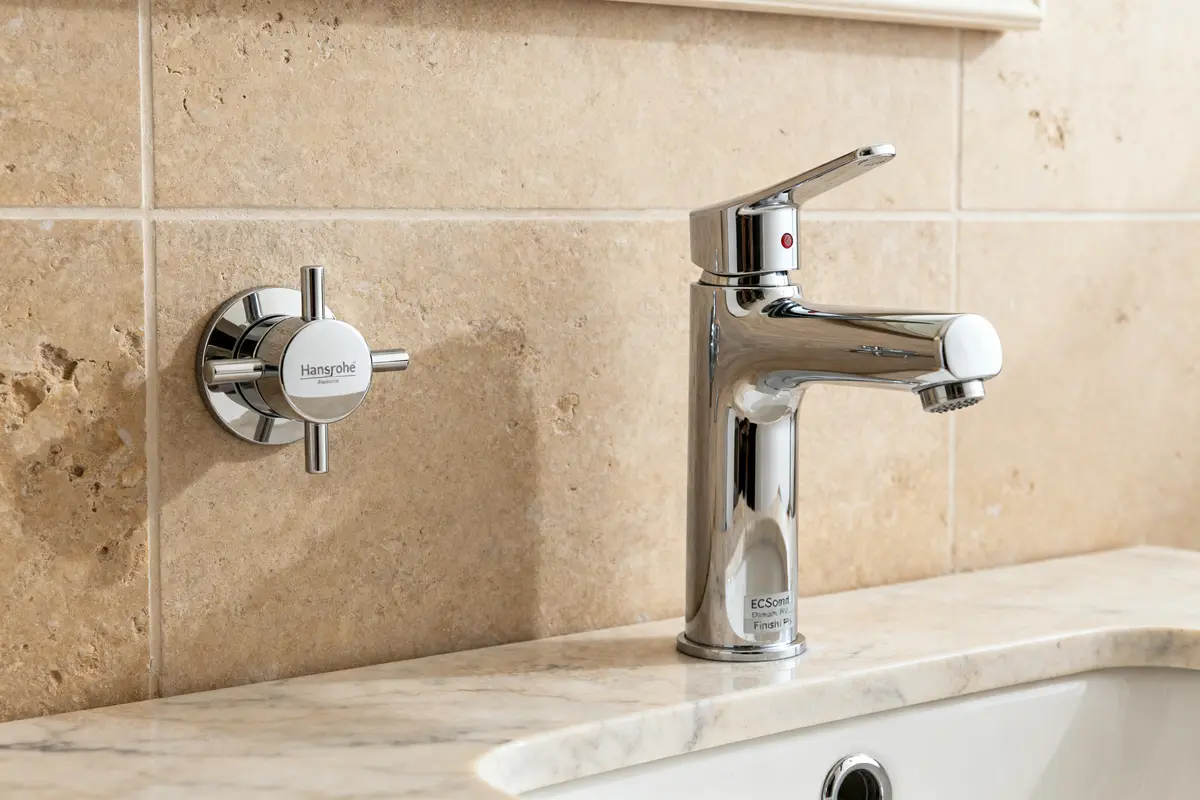 Robinet chromé Hansgrohe sur lavabo en marbre avec carrelage beige élégant