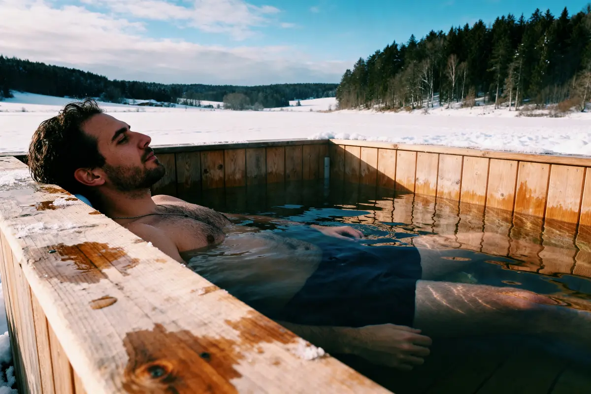 Un homme relaxe dans un bain nordique enneigé combien de temps rester dans un bain nordique