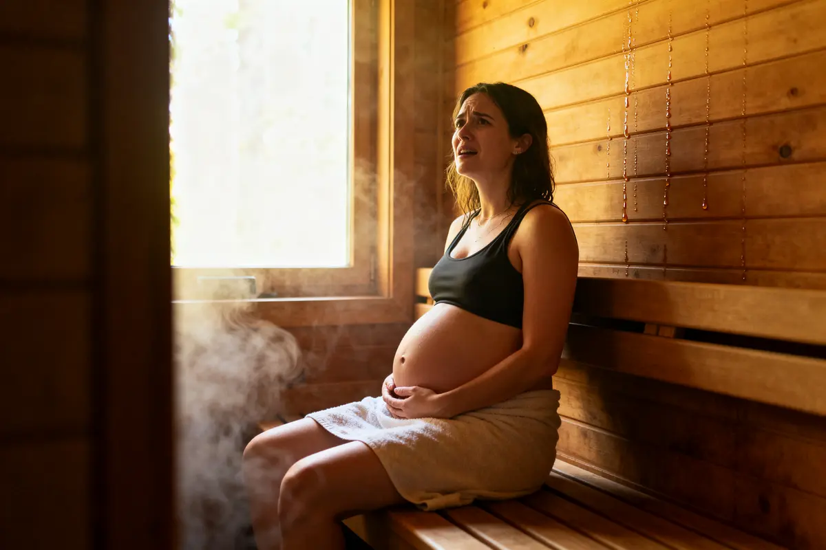 Femme enceinte assise dans un sauna pendant la grossesse avec serviette et maillot de bain